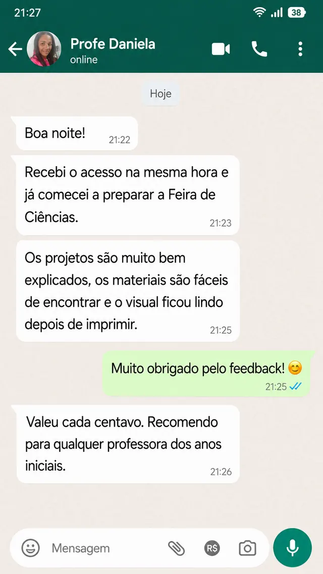 Depoimento de professora no WhatsApp sobre a Feira de Ciências