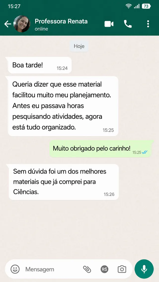 Depoimento de professora no WhatsApp sobre organização do material