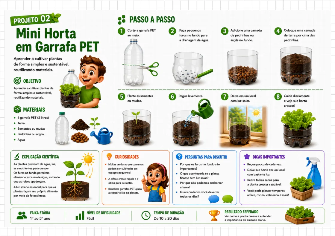 Projeto Mini Horta em Garrafa PET com passo a passo ilustrado