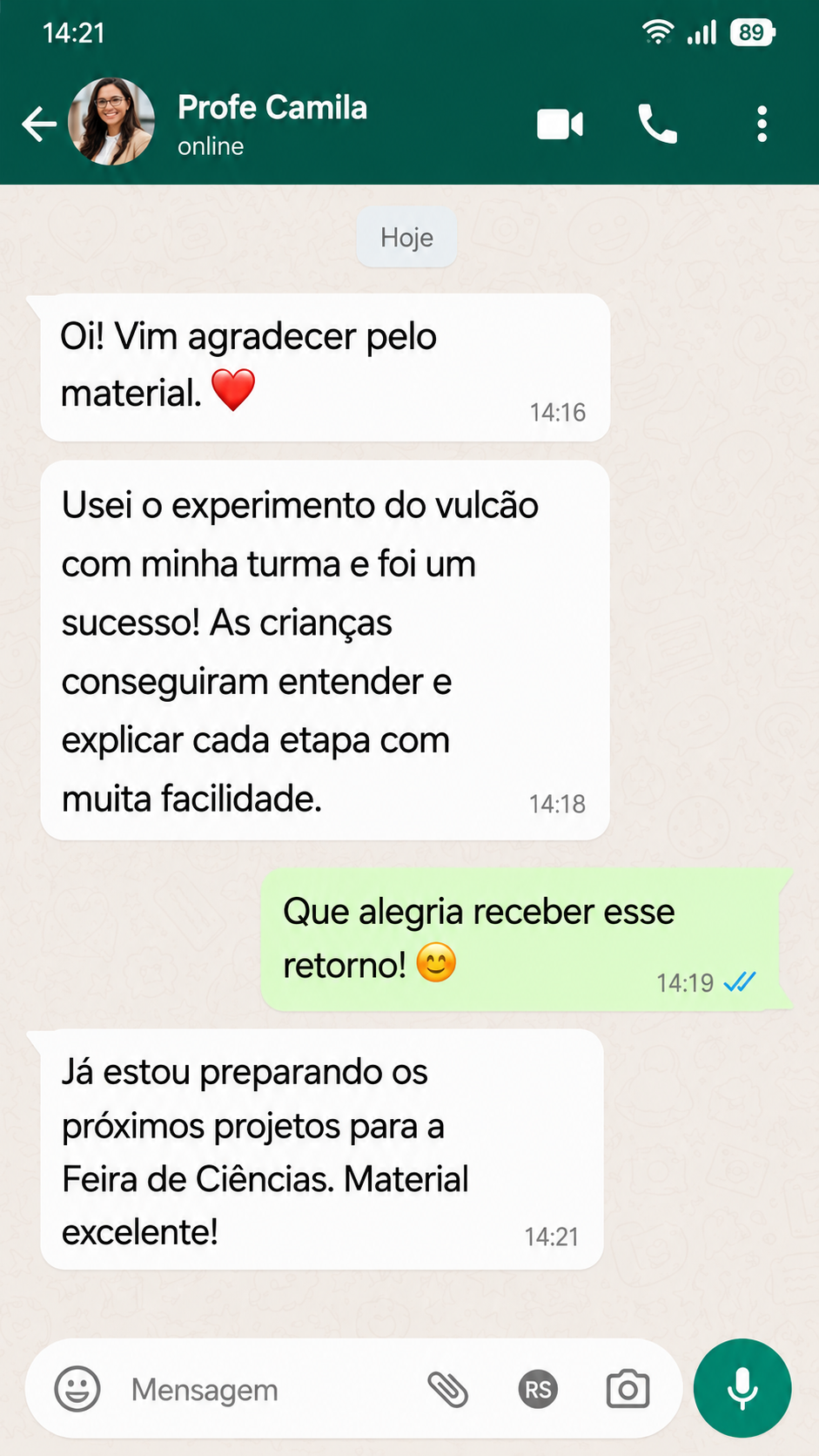 Depoimento de professora no WhatsApp sobre o experimento do vulcão