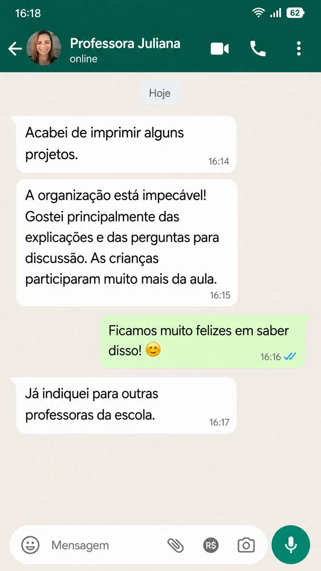 Depoimento de professora no WhatsApp sobre as perguntas para discussão