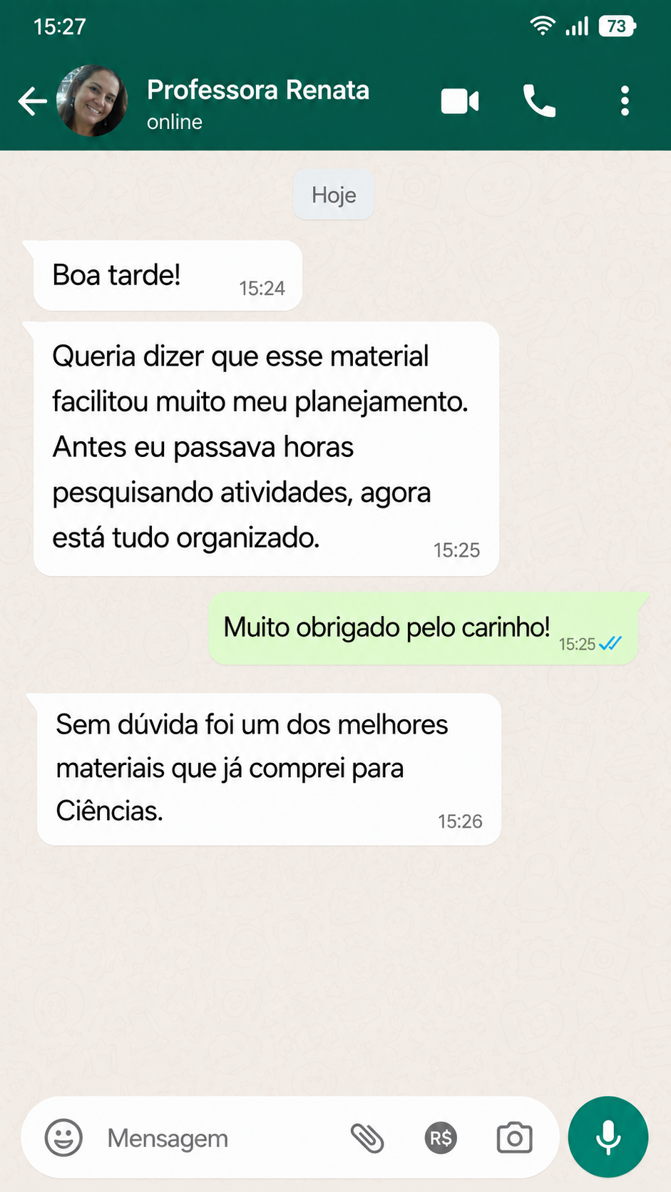 Depoimento de professora no WhatsApp sobre organização do material