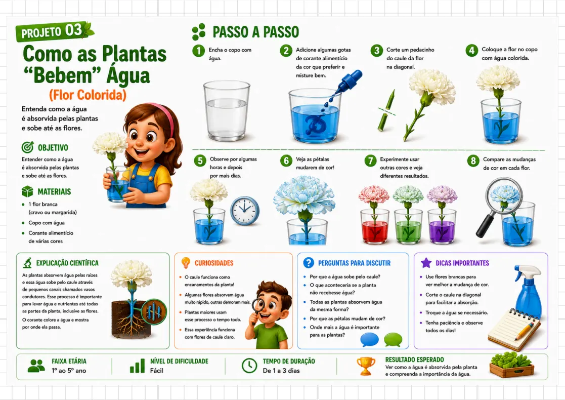 Projeto Como as Plantas Bebem Água com flor colorida